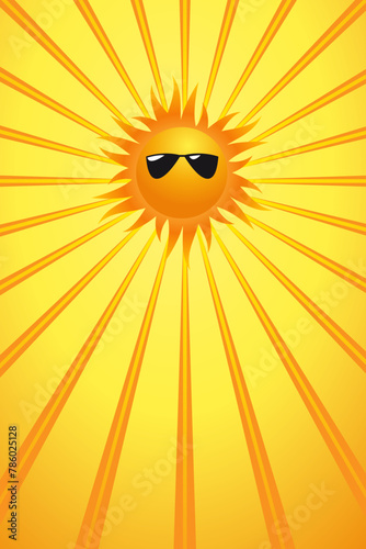 Orange sky with sunrays and sun with sunglasses.
