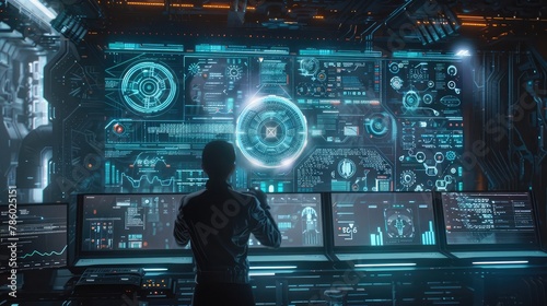 A person interacts with a futuristic holographic interface filled with data analytics in a high-tech control room.