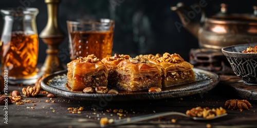 Exquisite baklava arranged on an ornate plate, implying richness in flavor and culture
