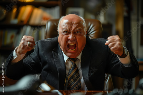 Angry boss man in a suit and tie is depicted with his mouth wide open, shouting, showing anger or emotion while sitting in the office