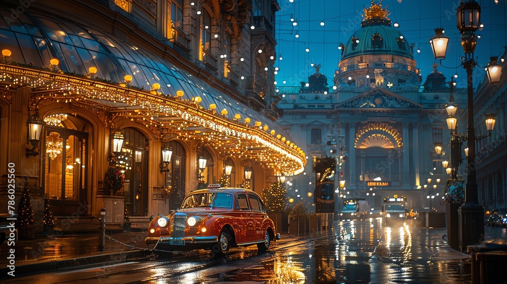 A highquality image of a taxi waiting outside the grand opera house in Vienna