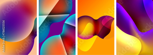A fluid collage of four vibrant abstract backgrounds featuring electric blue, violet tints and shades, petal patterns, and liquid glass rectangles