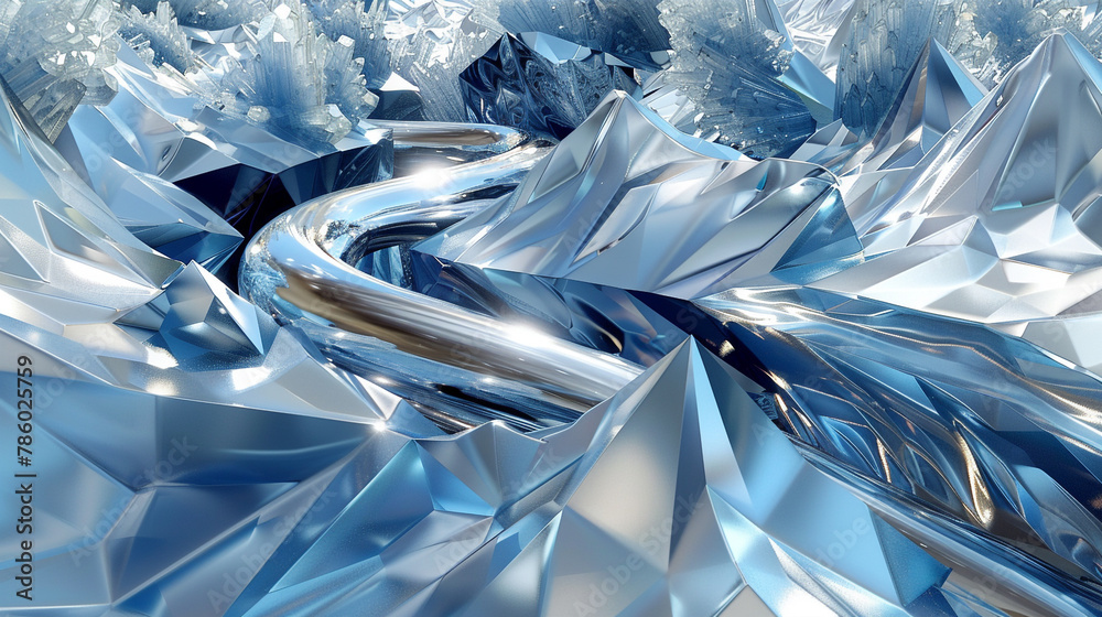 Crystal Edges Silver flows in 3D against blue crystal edges, a scene of contrasts ...