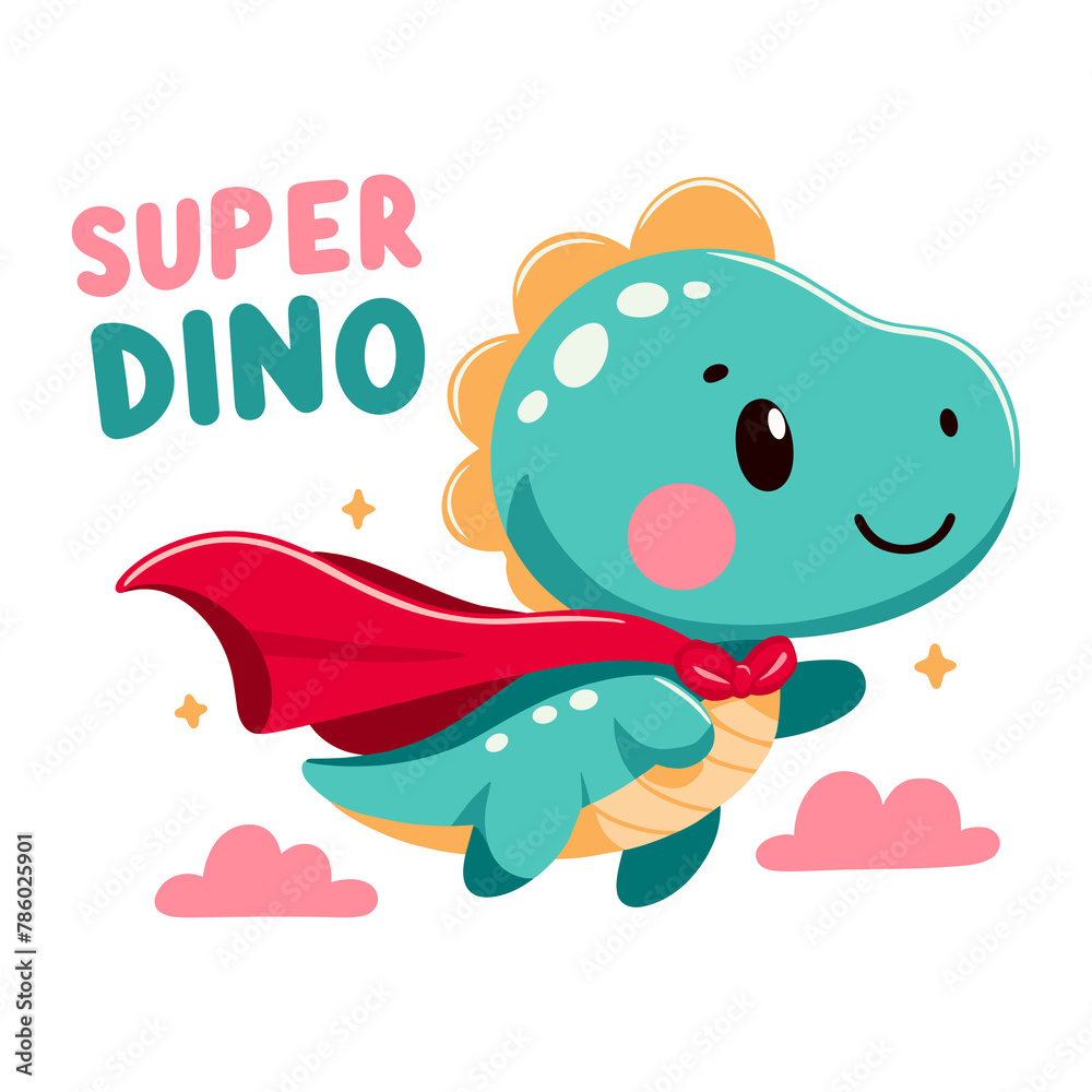 Cute little kawaii dinosaur flying in the clouds with the inscription Cute little kawaii dinosaur flying in the clouds with the inscription