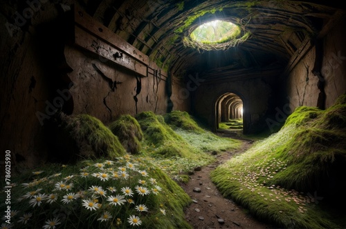 Mysterious underground tunnel with green grass and daisies.