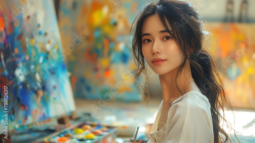 A highquality image of an Asian woman painting in a sunlit studio, her canvas vibrant with color and life