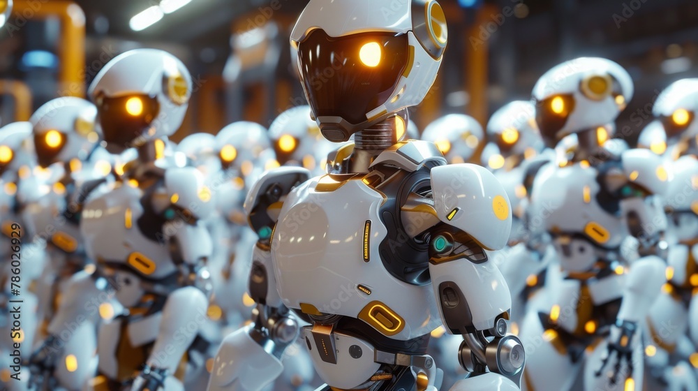 An army of robots with glowing yellow eyes An army of robots with glowing yellow eyes