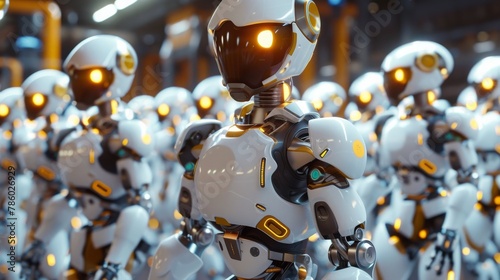 An army of robots with glowing yellow eyes photo