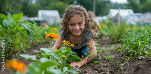 A young girl is playing in a garden with her hands in the dirt