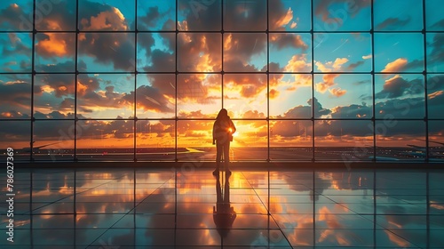A highquality photo of a tourist photographing the sunrise through the massive glass windows of an airport