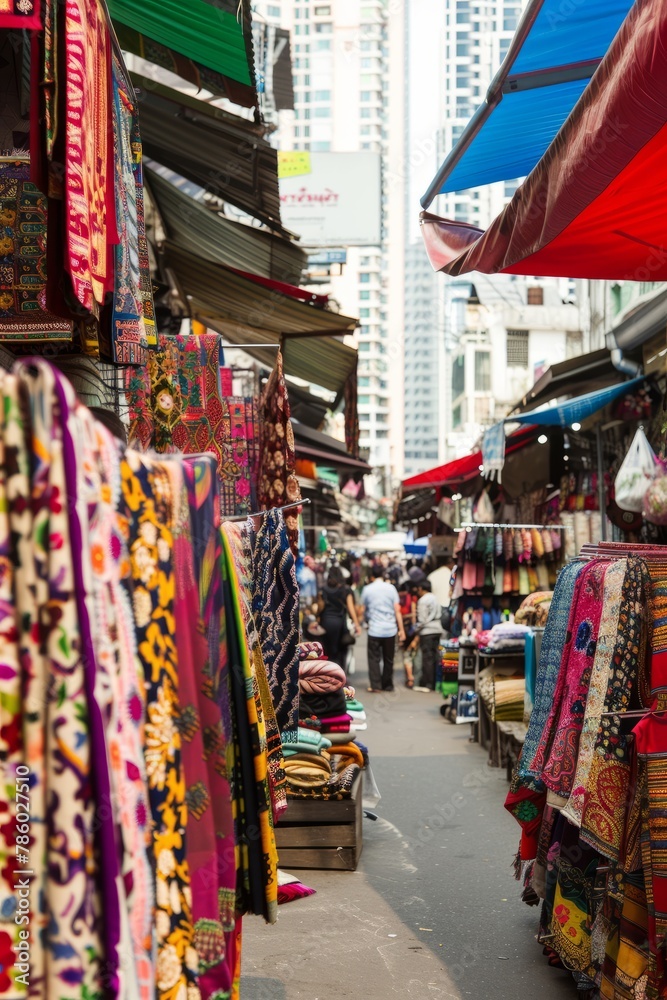 Naklejka premium A bustling textile market with bolts of colorful fabrics, intricate embroideries, and handmade garments on display, surrounded by towering skyscrapers and bustling streets, Generative AI