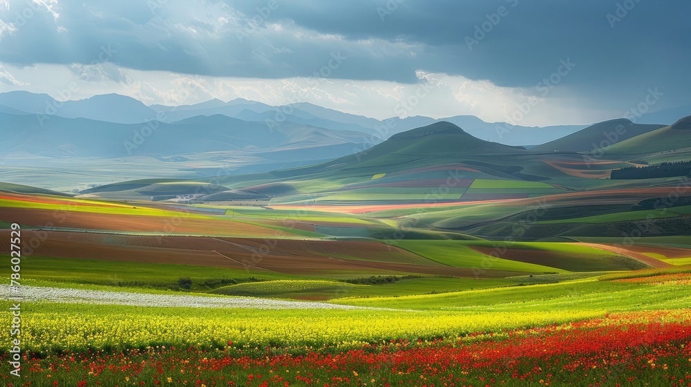 A picturesque landscape showcasing a patchwork of vibrant farmlands in full bloom, set against a backdrop of rolling mountains and a dynamic sky.