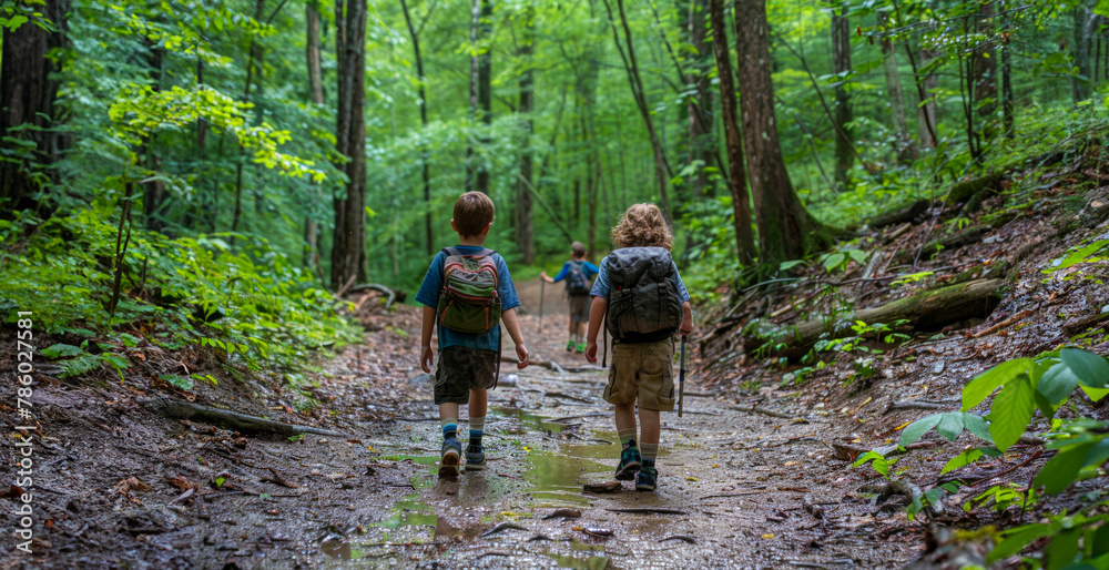 Two young boys are walking through a forest, one of them wearing a backpack