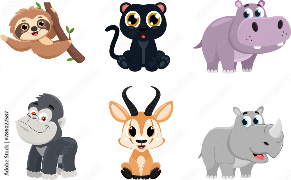 Naklejka premium Cute Baby Safari Animals Cartoon Characters. Vector Flat Design Collection Set Isolated On Transparent Background