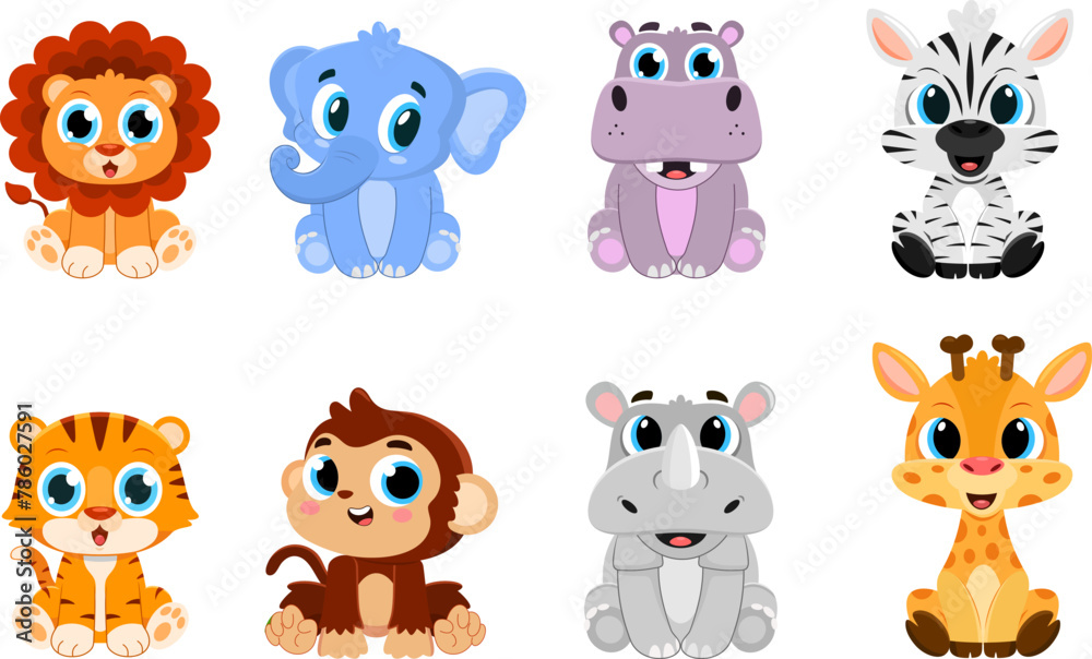 Fototapeta premium Cute Baby Safari Animals Cartoon Characters. Vector Flat Design Collection Set Isolated On Transparent Background