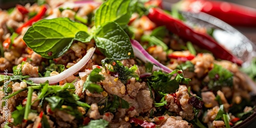 This image features a close-up of a Thai-style spicy minced pork salad with fresh herbs and chillies on a plate photo