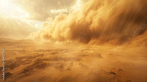 Heavy sand and dust storm above desert land on hot summer