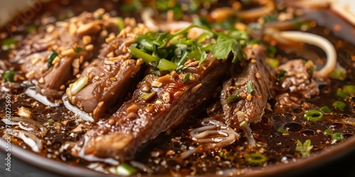 Authentic Chinese cuisine showcasing sliced beef in a rich, traditional sauce and noodle accompaniment photo