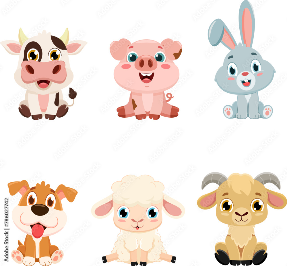 Cute Baby Farm Animals Cartoon Characters. Vector Flat Design Collection Set Isolated On Transparent Background