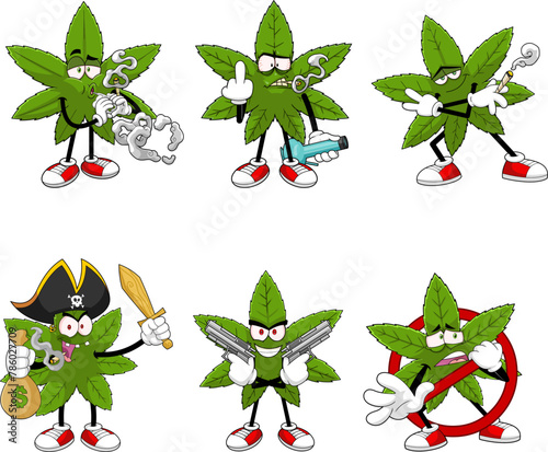 Marijuana Leaf Cartoon Characters. Vector Flat Design Collection Set Isolated On Transparent Background