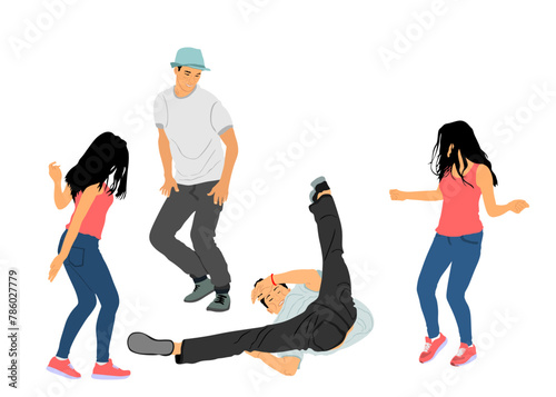 Break dance boy vector illustration isolated. Modern urban dancers exhibition show. Attractive girls support athlete man performer stunt skills. Fit sport gymnastic figure. Hip hop music people fun.