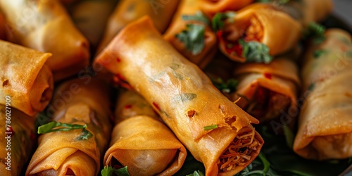 A mouthwatering close-up of crispy homemade spring rolls garnished with fresh herbs