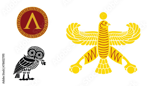 Athens and Sparta flags against Persian Empire flag. Ancient symbol Sparta, Athens polis vector illustration. City state in ancient Greece. Brave warriors from antique Greek Persian war. Athens flag.