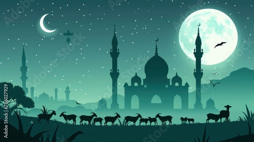 A vector design for the Eid al-Adha event, with a shadow of an Islamic beautiful mosque, with many goats in the foreground in font. At the top there will be blank space for writing text,generative ai