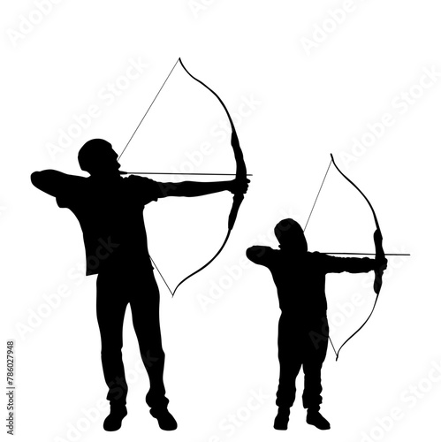 Archer family, father and son vector silhouette illustration isolated. Hunter hunting. Dad teaches son to hold bow arrow. Fathers day, spending time with boy, wakes hunting instinct. Parenting family.