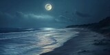 Atmospheric image of a tranquil beach at night with a full moon brightly shining above