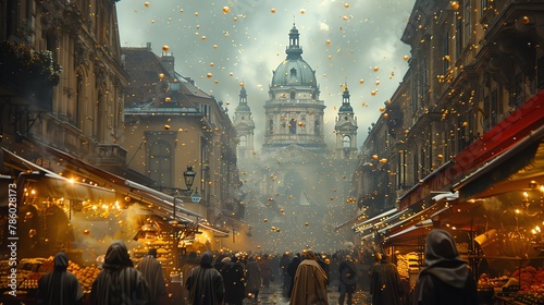 A Hungarian goulash, magically suspended in the air, with a historic Budapest street scene backdrop