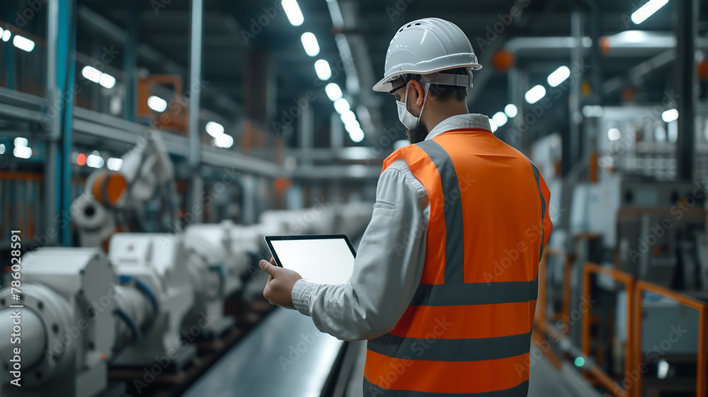 A person in a vest and helmet holds a tablet in his hands against the background of technical installations A person in a vest and helmet holds a tablet in his hands against the background of technical installations
