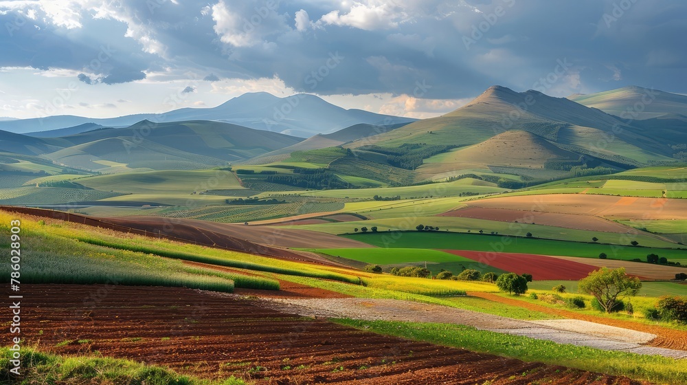 A picturesque landscape showcasing a patchwork of vibrant farmlands in full bloom, set against a backdrop of rolling mountains and a dynamic sky.