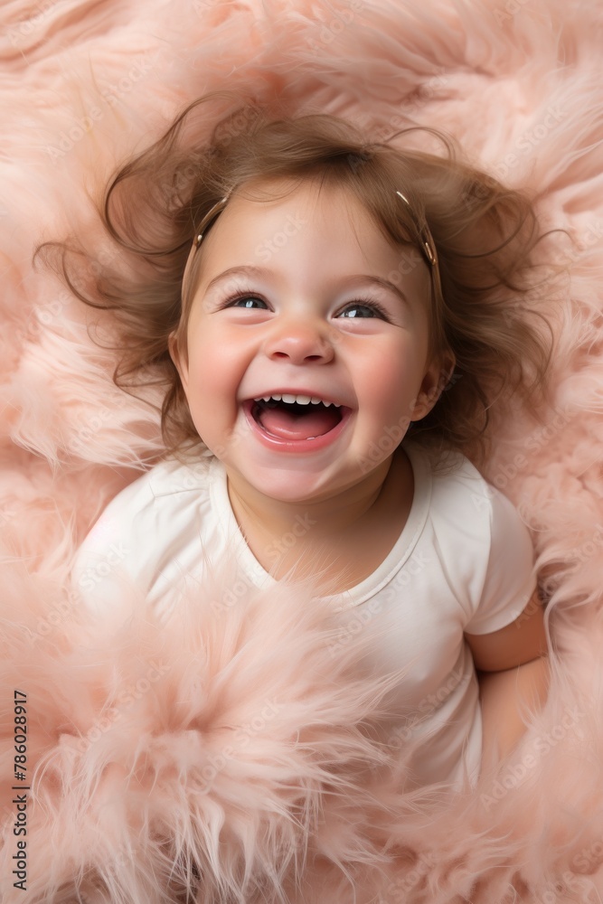 A young girl is smiling and laughing while laying on a pink blanket A young girl is smiling and laughing while laying on a pink blanket