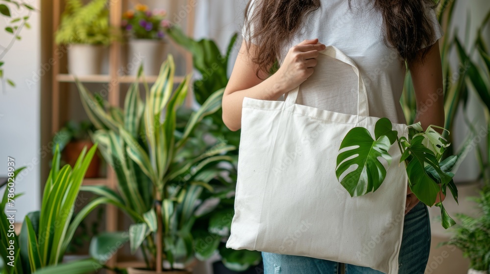 Young woman with white fabric tote bag on soft blurred backdrop, ideal for text placement Young woman with white fabric tote bag on soft blurred backdrop, ideal for text placement