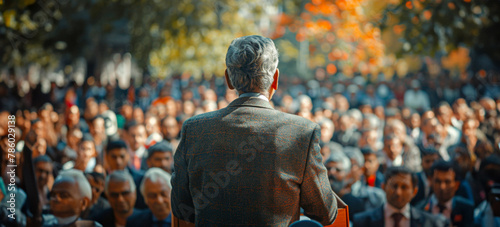 A man stands in front of a crowd of people, giving a speech photo