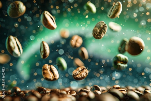 A bunch of coffee beans are flying through the air