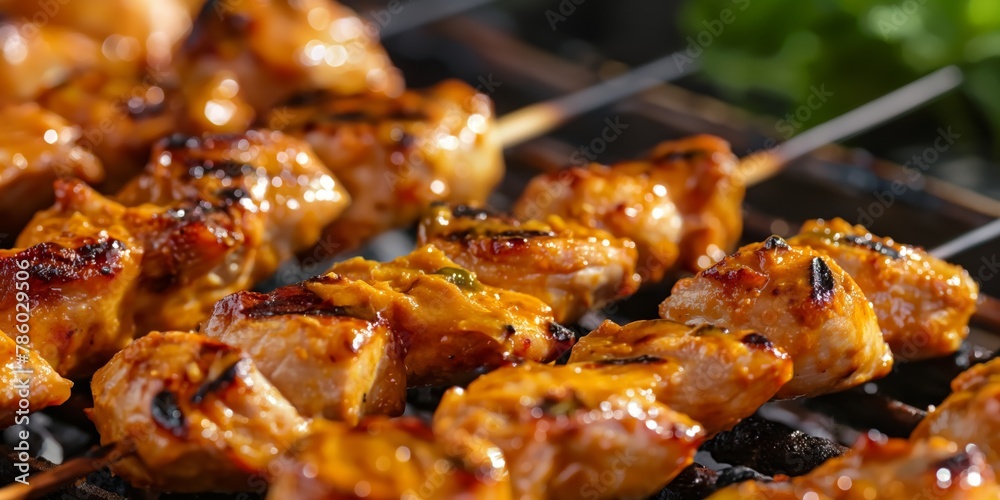 Mouthwatering skewered chicken with BBQ glaze cooking on a smoky grill Great for recipe and barbecue themes