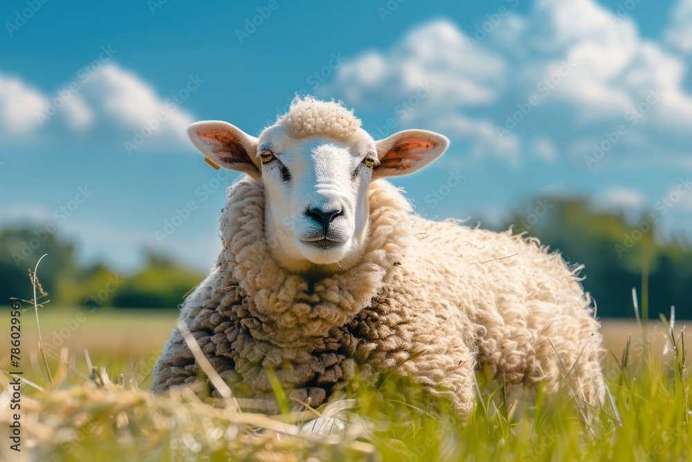 Portrait of a beautiful sheep on a sunny fresh meadow. AI generative