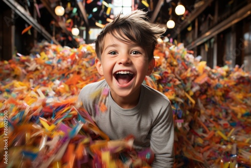 A young boy is laughing and smiling while surrounded by a pile of colorful paper photo