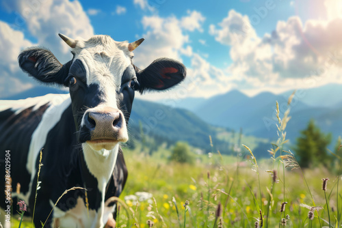 Portrait of a beautiful black and white cow on a sunny fresh meadow. AI generative