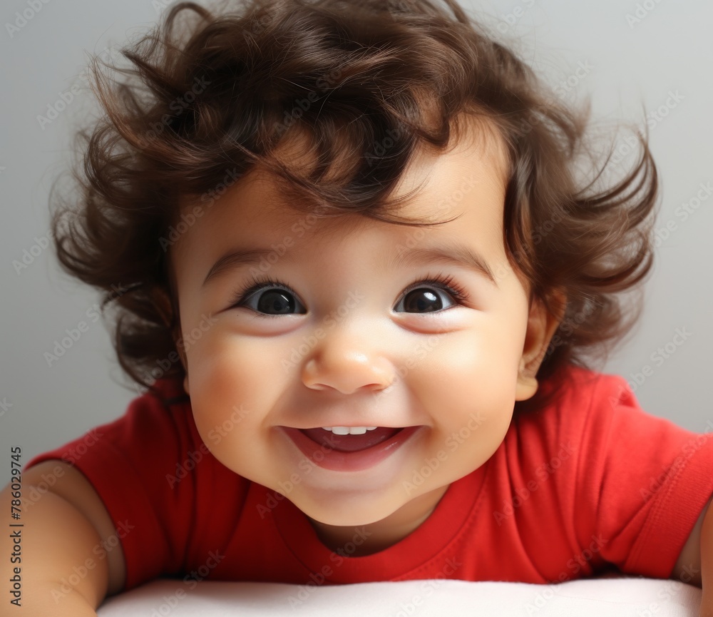 A baby is smiling and laying on a bed A baby is smiling and laying on a bed