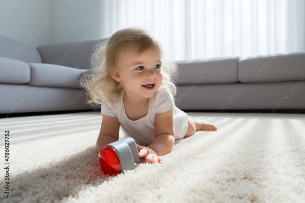 A baby is laying on the floor with a toy in its hand A baby is laying on the floor with a toy in its hand