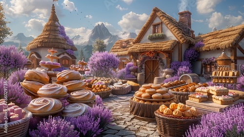Cartoon 3D village bakery scene, bread and cakes, inviting lavender background photo
