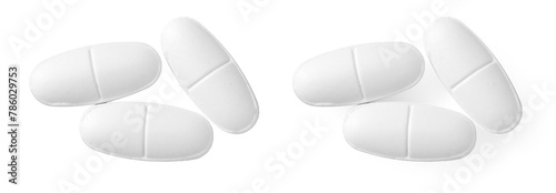 White oval pills isolated on white background, top view.