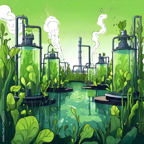 Algae farm producing bio fuel as a sustainable energy source , beautiful illustration photo