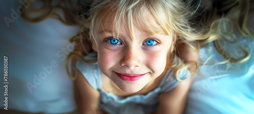 Happy smiling young blonde scandinavian girl close up portrait. Generative ai design art concept.