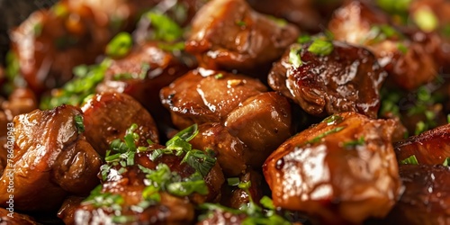 A detailed close-up of mouthwatering caramelized pork highlighting textures and appetizing glaze