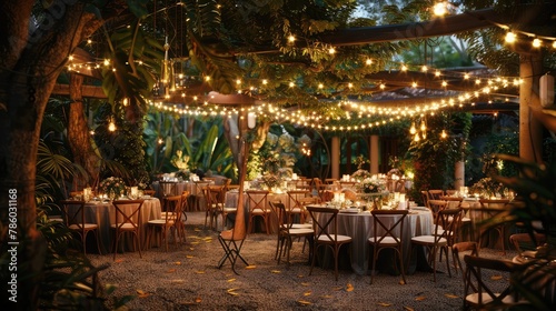 A picturesque outdoor venue transformed into a magical garden party, with twinkling fairy lights strung among lush foliage and elegant tables set for an enchanting soir photo