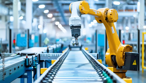 Robotic arms in a manufactoring street. Generative ai design art concept.